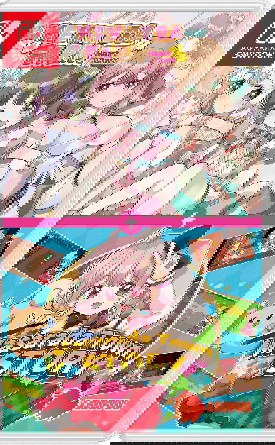 Packaging for 'Mewmew Farm Heart Cafe' and 'Masarada Town Story' on Nintendo Switch with character illustrations.