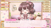 Character in a cute, stylized room with interface elements on a pink background