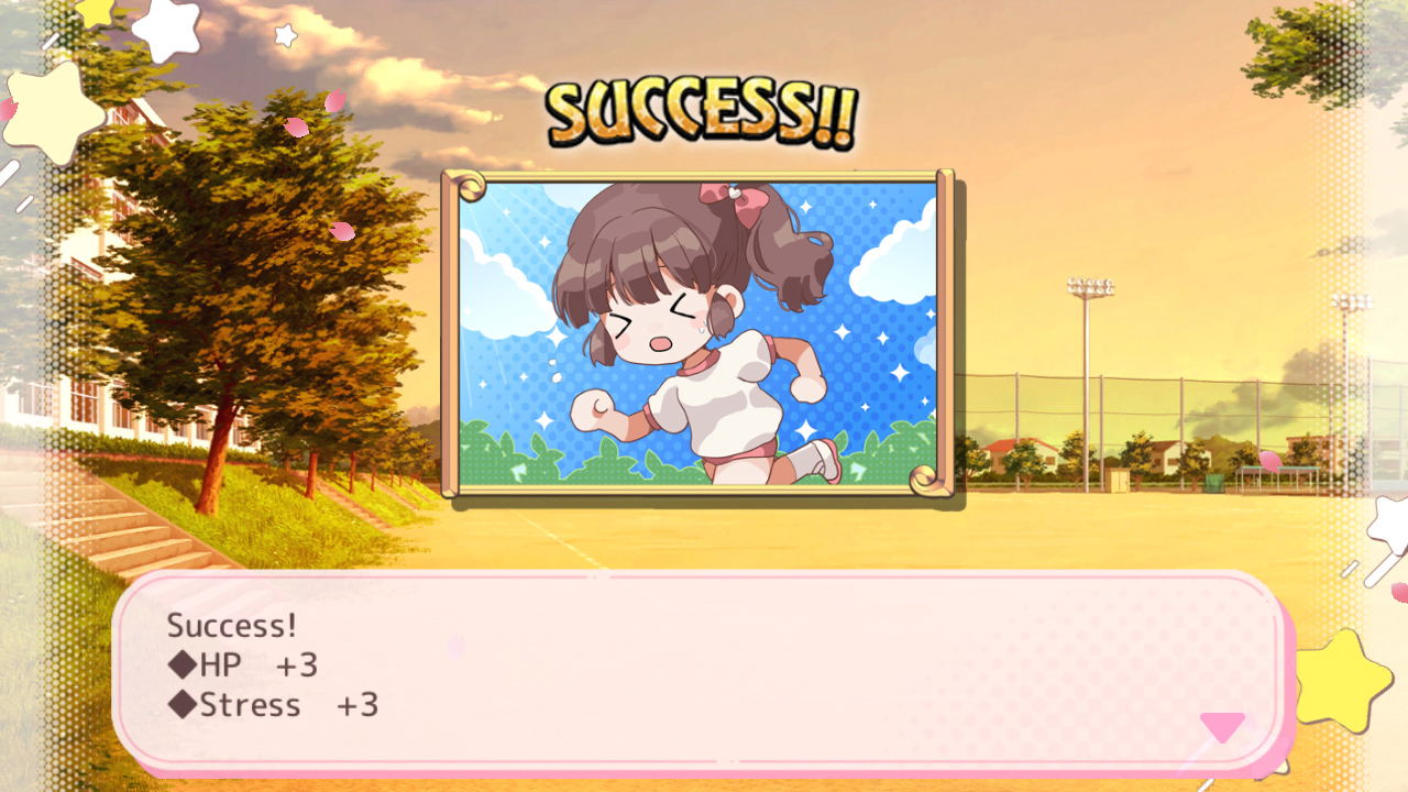 Animated character with 'Success!' text and HP/Stress points in a colorful outdoor setting