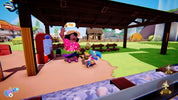 Animated character in a colorful outdoor setting with a wooden structure and grassy area.
