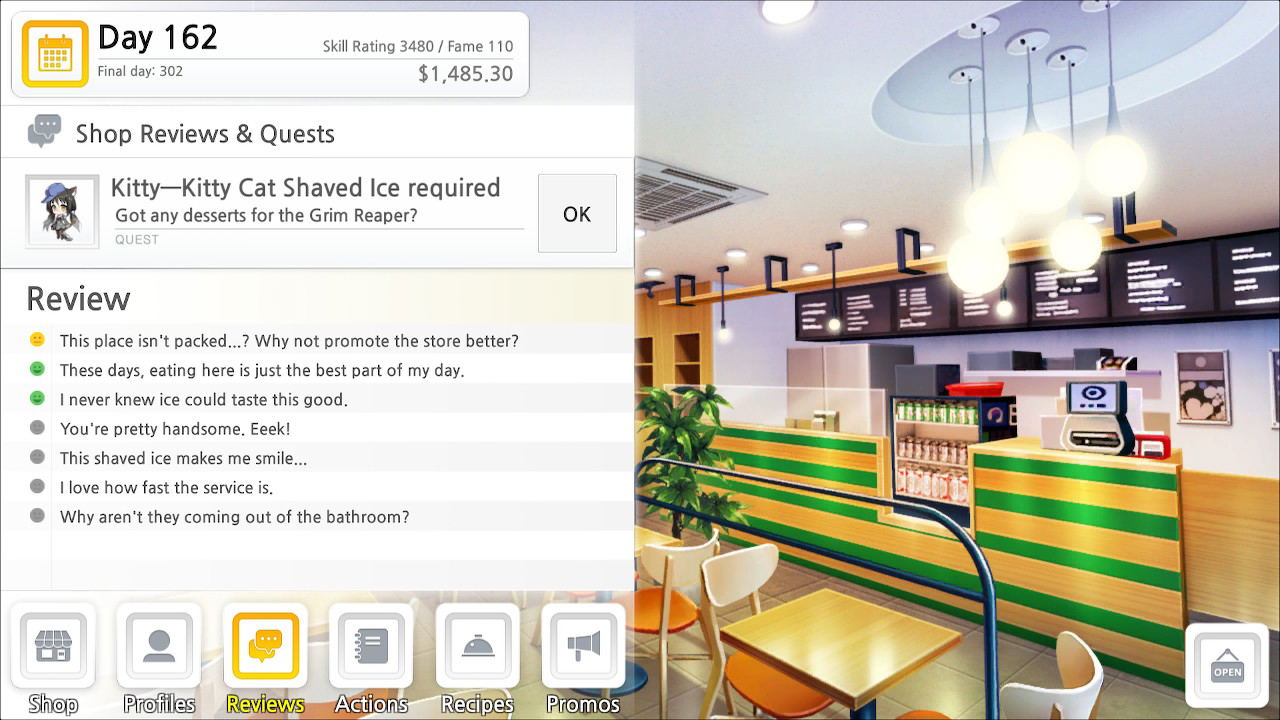 Restaurant interior with a computer screen overlay showing a review and interface elements.