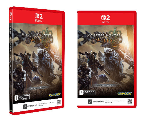 Two Monster Hunter Wilds Game Key Cards for Nintendo Switch 2, featuring the Blue Dragon Edition cover art on red game card sleeves, shown against a plain white background.