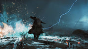 Statue of a rider on a horse in a dark, stormy landscape with lightning and fires.