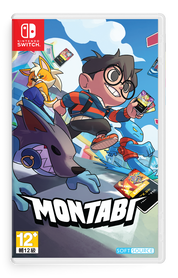 Nintendo Switch game case for Montabi, featuring colorful cartoon artwork of a boy with glasses, a fox, a wolf-like creature, and a blue monster on a bright illustrated background. Visible branding includes Nintendo Switch and Montabi.