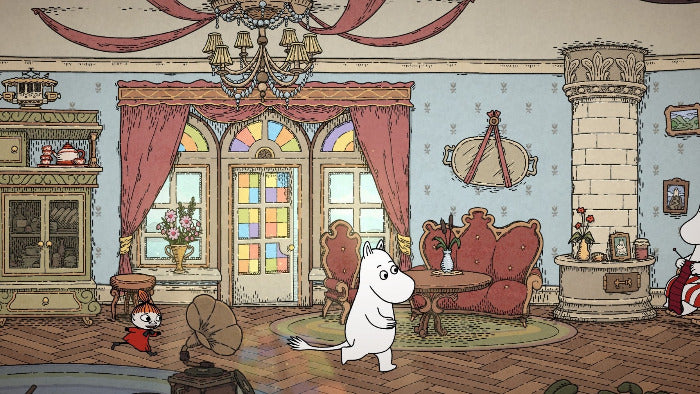 A whimsical illustrated interior scene with a white cartoon character standing in a large vintage room with red curtains, a chandelier, wood floors, and furniture. A small red-and-white character runs near a gramophone on the left, and part of another red-and-white figure appears on the far right.