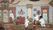 A stylized illustrated living room scene with several white cartoon characters standing and sitting in a large ornate room with red curtains, a fireplace, table, and wood floor.
