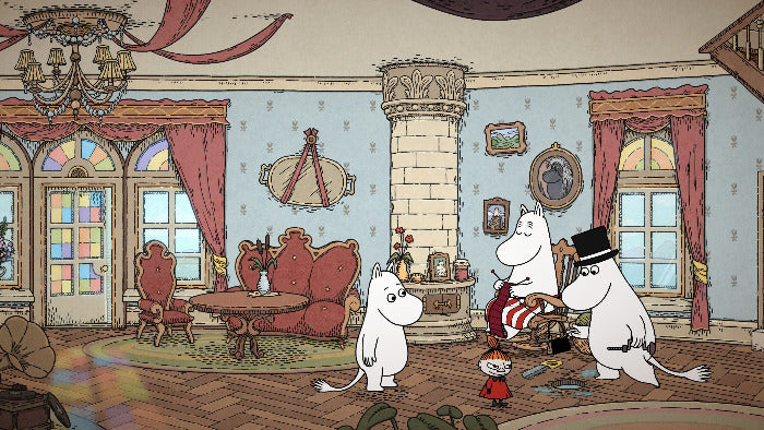A stylized illustrated living room scene with several white cartoon characters standing and sitting in a large ornate room with red curtains, a fireplace, table, and wood floor.