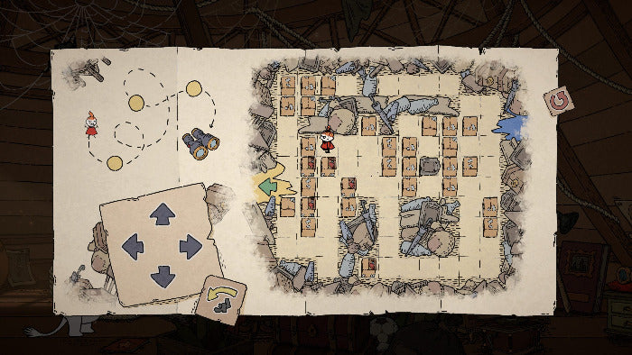 An open vintage-style parchment map or game board displayed against a dark rustic background. The left page shows simple icons and a directional arrow pad, while the right page shows a detailed dungeon-like tile map with stone textures, walls, and a small character figure.