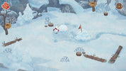Snowy landscape with a character and various objects in a game-like setting