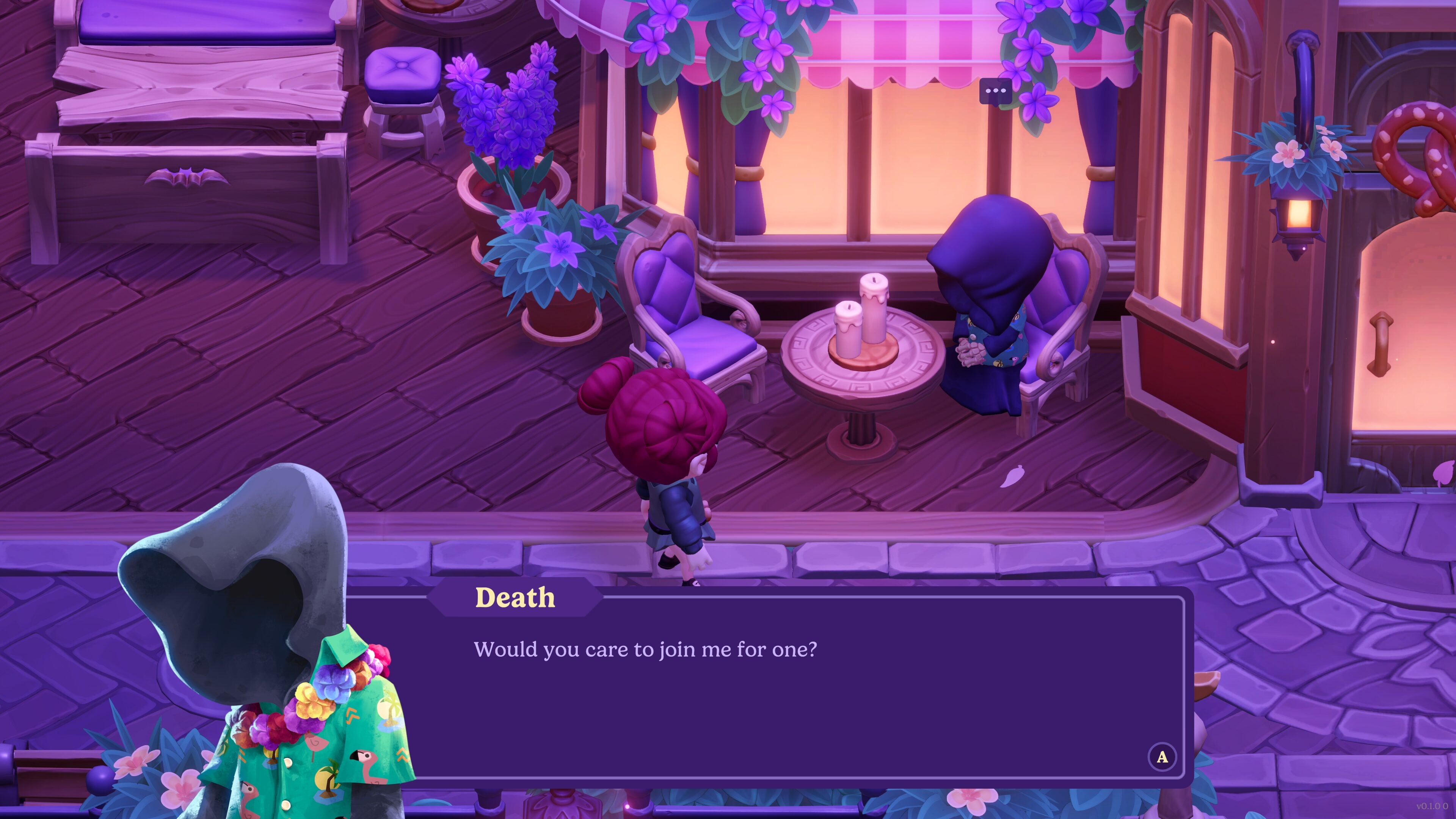 Game scene with characters in a cozy room, one character offering a drink to another.