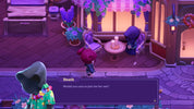 Game scene with characters in a cozy room, one character offering a drink to another.
