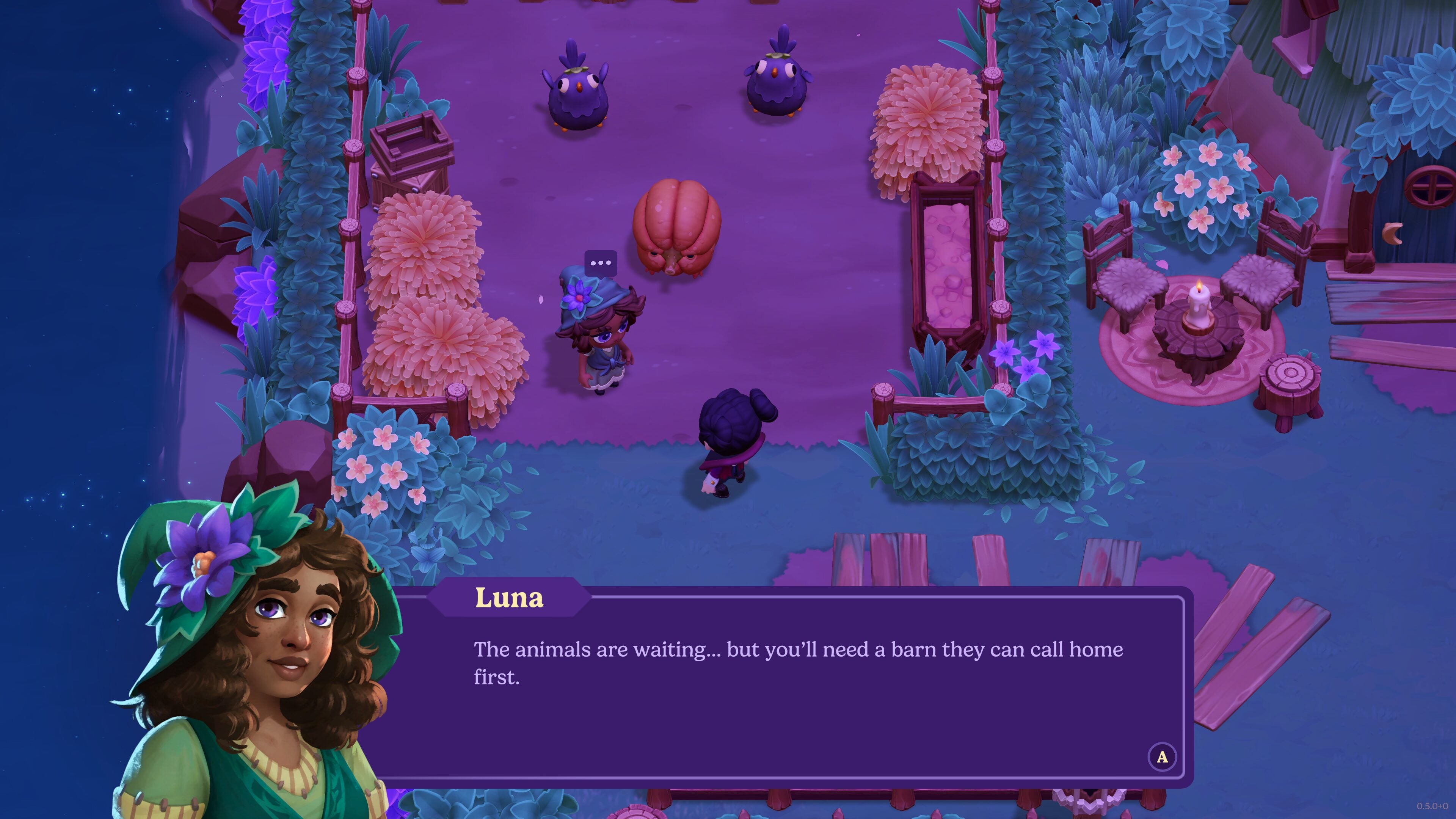 Character in a fantasy setting with a dialogue box about animals needing a barn.