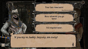 A screenshot from a dark, gothic role-playing video game or digital story. The scene shows a character in white and blue armor on the left, with a series of parchment-style dialogue boxes on the right containing text such as 'Your last time here?', 'How often do you go here?', 'I'll respond later.