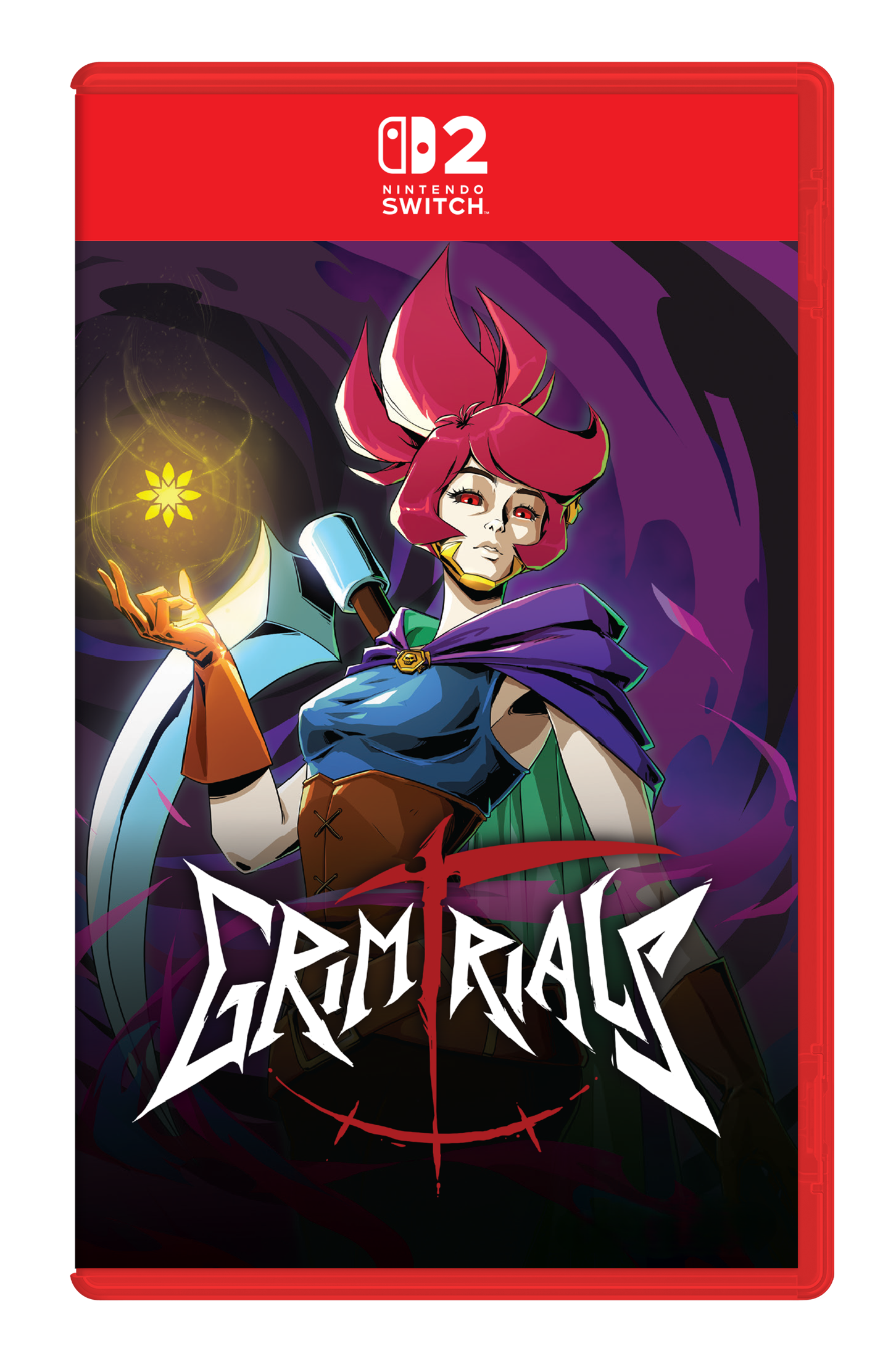 Nintendo Switch game case for Grim Rials, featuring stylized cover art of a character with pink hair and a purple cape against a dark purple background, with the Nintendo Switch logo at the top.