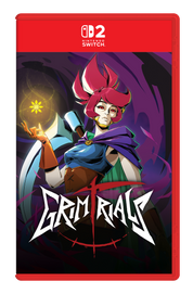 Nintendo Switch game case for Grim Rials, featuring stylized cover art of a character with pink hair and a purple cape against a dark purple background, with the Nintendo Switch logo at the top.