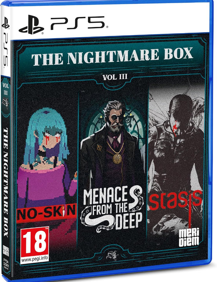 PS5 game case for The Nightmare Box Vol III, featuring artwork for Menace from the Deep, Stasis, and a pixel-art character with blue hair. The PS5 branding and a PEGI 18 rating logo are visible on the front and spine.