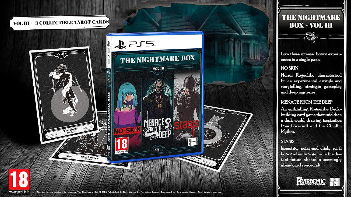 PS5 game box art for The Nightmare Box Vol. III, shown with tarot cards and a dark house backdrop on a wood surface.