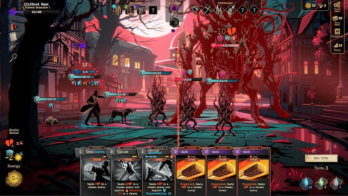 A stylized dark fantasy battle scene in a town square, showing a witch-like character with a dog facing large red tree-like monsters. The image includes a game-style UI with health, energy, cards, and level indicators, suggesting a digital game or video game artwork rather than a physical retail product photo.
