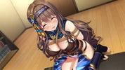 An anime-style digital illustration of a female character with long brown hair, wearing a revealing blue and black outfit with gold accents, kneeling on a wooden floor in an indoor room setting.