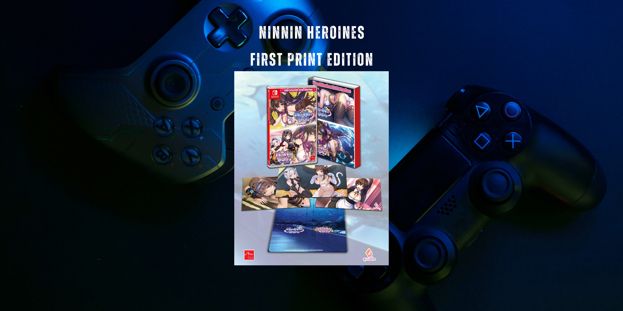 Ninnin Heroines First Print Edition game box art centered between two PlayStation-style controllers on a dark blue background. The box cover shows anime character artwork and a blue game case, with the title text 'NINNIN HEROINES FIRST PRINT EDITION' above.