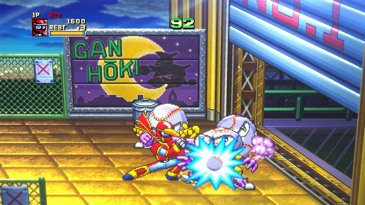 A colorful video game scene showing two cartoon baseball-like characters fighting in a stylized arena. The left character is red and white, and the right character is white with purple accents, with a bright blue starburst effect between them.