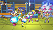 Pixel-art scene from a retro fighting game showing multiple female characters in colorful outfits posing in a futuristic blue control-room environment with a large robot and UI elements visible.