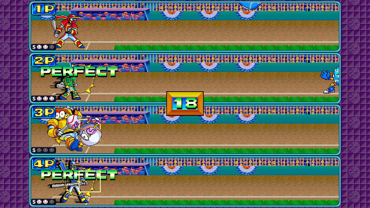 A retro 8-bit video game battle scene showing four player lanes labeled 1P, 2P, 3P, and 4P on a purple patterned background. The center player has a highlighted '18' counter, and the lanes show colorful character sprites, health bars, and a tan arena floor.