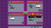 A retro-style video game screenshot showing a four-player racing battle scene on a purple patterned background. The screen is divided into four player panels with cars, characters, health bars, scores, and a central yellow '33' box.