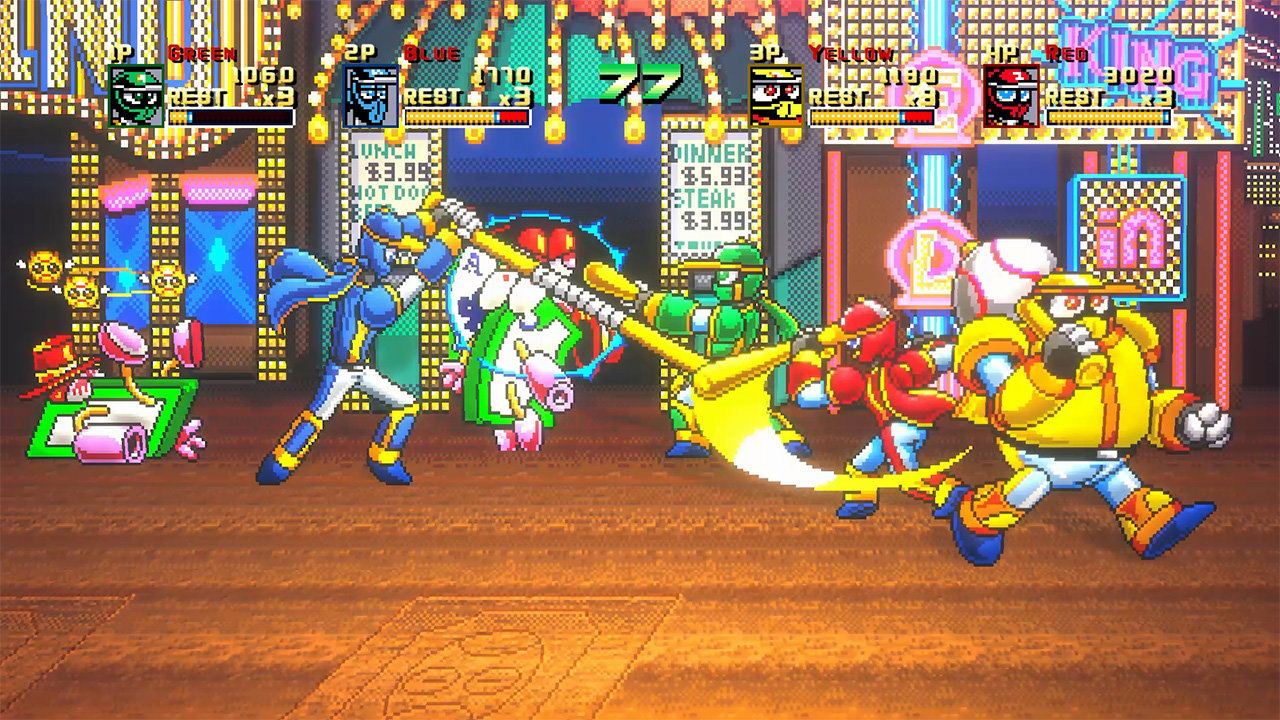 A colorful pixel-art video game scene showing multiple cartoon characters in a neon-lit arena with scoreboards and health bars at the top.