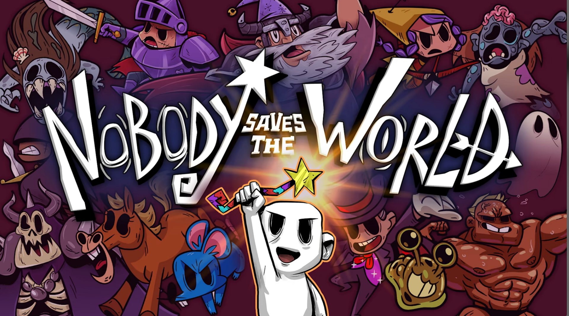 Promotional artwork for the video game Nobody Saves the World, featuring a central white cartoon character holding a glowing star wand, surrounded by numerous colorful cartoon monsters and creatures on a dark purple background. The title 'Nobody Saves the World' is written in large stylized white letters across the center.
