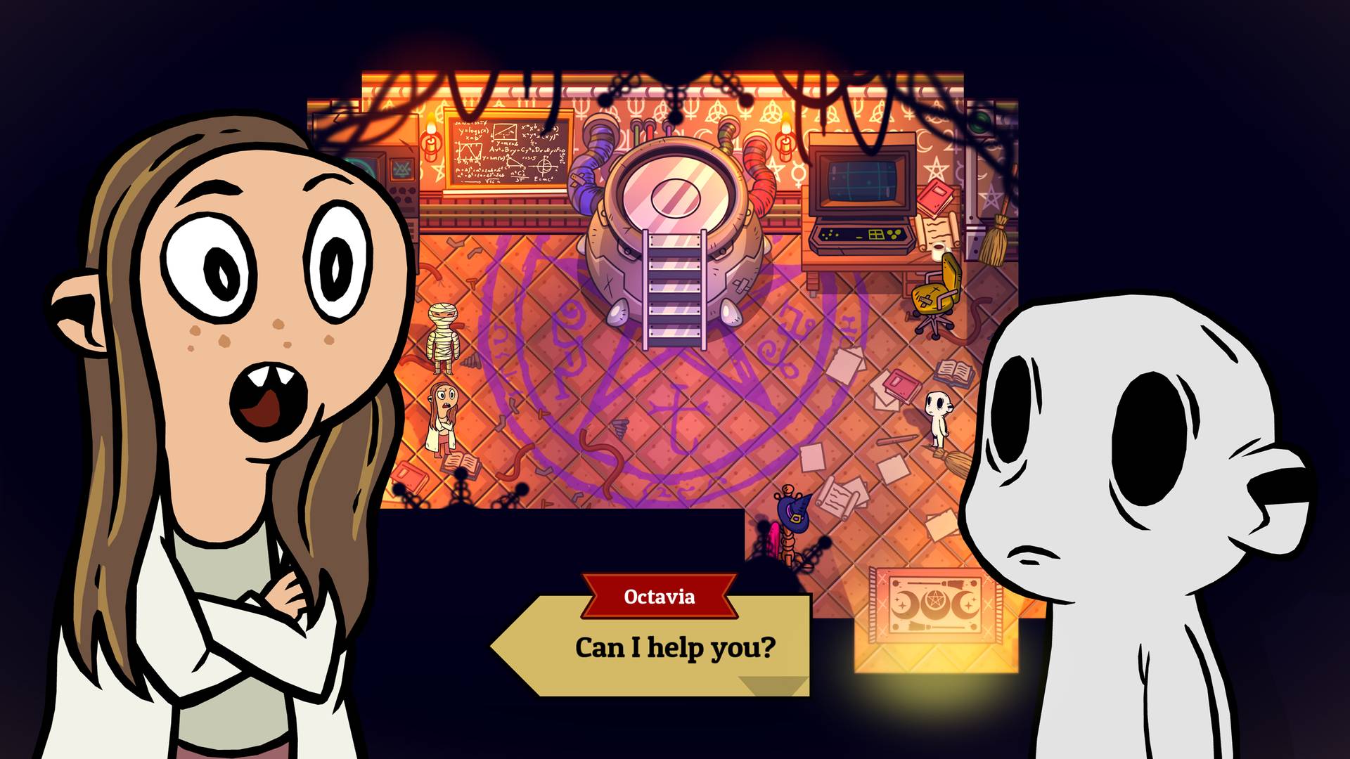 Cartoon character with wide eyes and a ghost in a room with a mystical atmosphere.