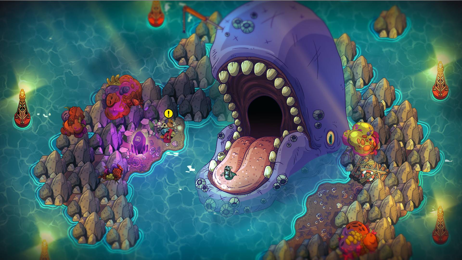 A colorful fantasy map or game scene featuring a large purple whale-like creature with an open mouth, surrounded by rocky islands, glowing lights, and small characters in blue water.