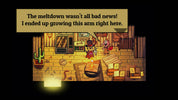 Cartoon scene with two characters in a room, text overlay about an arm growing, on a dark background.