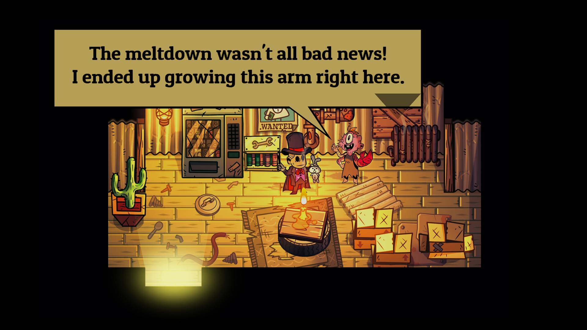 Cartoon scene with two characters in a room, text overlay about an arm growing, on a dark background.