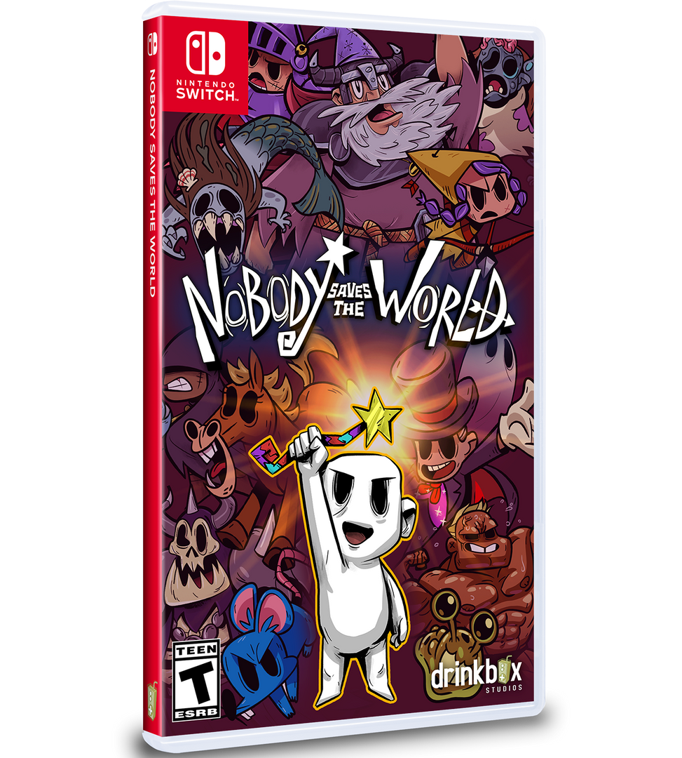Nintendo Switch game case for Nobody vs the World, shown at a slight angle on a white background. The cover art features a white cartoon character holding a rainbow drink and a gold star, surrounded by a colorful illustrated crowd of characters on a dark purple background.