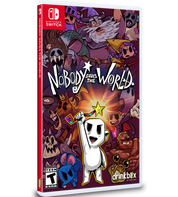 Nintendo Switch game case for Nobody vs the World, shown at a slight angle on a white background. The cover art features a white cartoon character holding a rainbow drink and a gold star, surrounded by a colorful illustrated crowd of characters on a dark purple background.