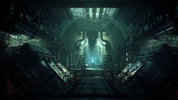Dark, futuristic interior of a spacecraft with glowing lights.