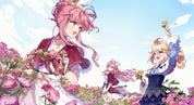 Three animated characters with pink hair and floral attire in a garden setting.