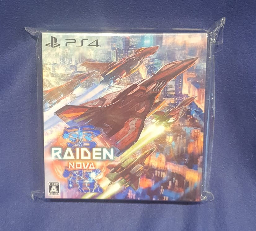 PS4 game case for 'Raiden Nova' with futuristic spaceship design on a blue background
