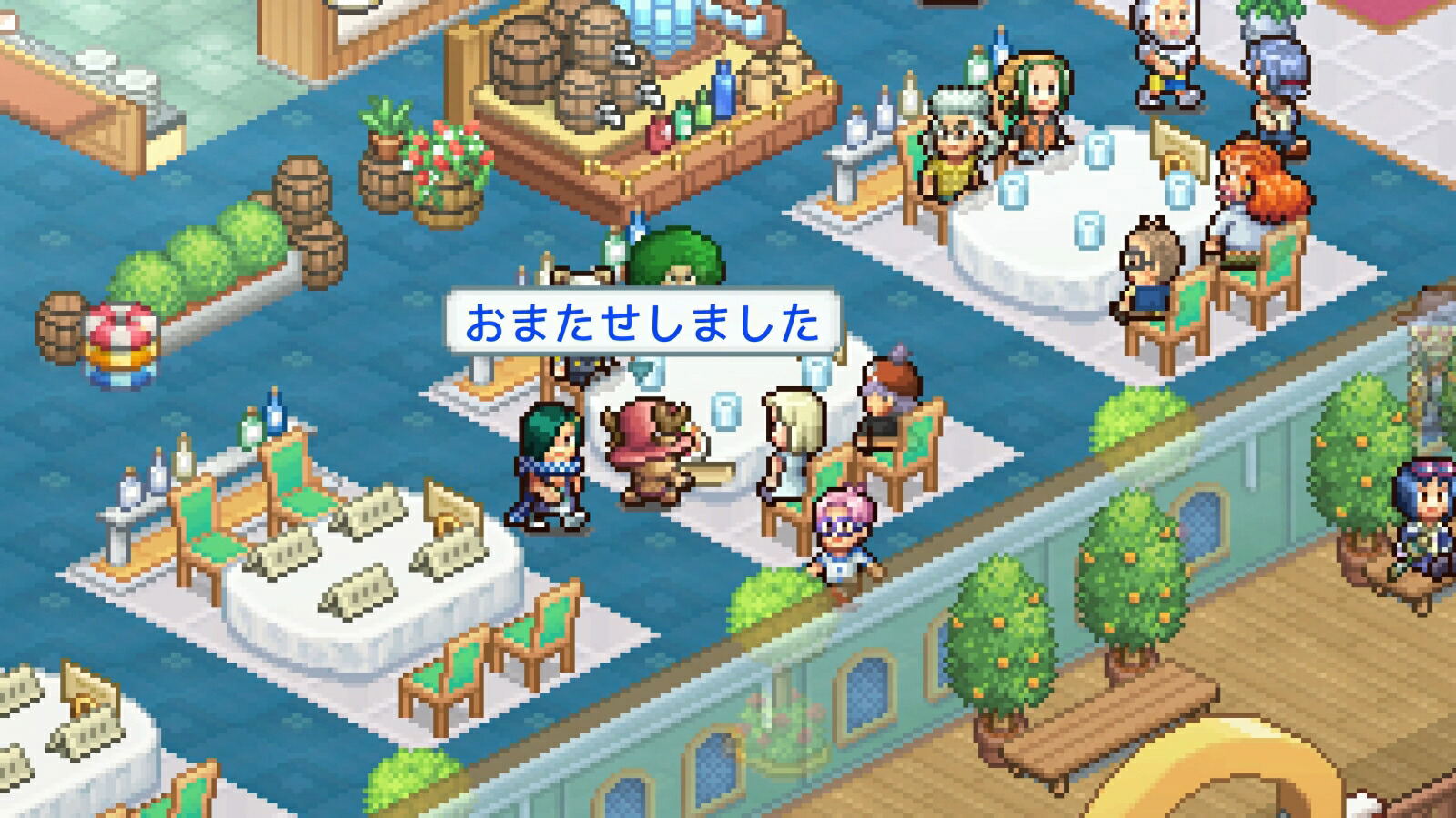Pixel art illustration of a bustling cafe or restaurant interior with multiple stylized characters seated at tables, decorative plants, shelves, and a blue floor. A Japanese text bubble is visible near the center.