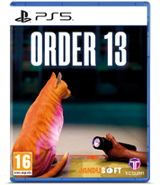 PS5 game case for Order 13, featuring a cat with pink lighting on the cover art, with PS5 branding at the top and publisher logos at the bottom.