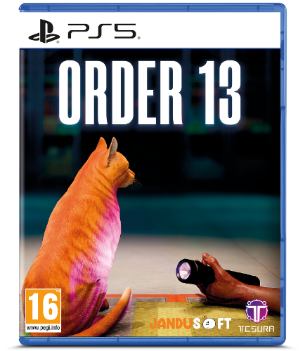 PS5 game case for Order 13, featuring a cat with pink lighting on the cover art, with PS5 branding at the top and publisher logos at the bottom.