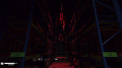 A dark industrial warehouse aisle with tall shelving units on both sides, lit primarily by red ambient lighting and a few green labels reading S3 and T3.