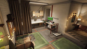 A cozy, compact studio apartment or tiny home interior with light wood-paneled walls, a desk setup with a computer, green rugs, curtains, a bed with pillows, and warm string lights.