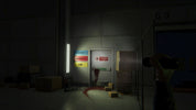 A dimly lit industrial interior scene with a door marked HR, stacked cardboard boxes, a blood-stained floor, and a flashlight beam cutting through the darkness. A human arm and hand holding a flashlight are visible in the right foreground.