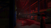 A dark, atmospheric warehouse scene with red lighting, a blood-splattered floor, shelving, and a partially visible person in the right foreground holding a camera.