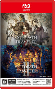 Nintendo Switch game case cover for Octopath Traveler II, featuring character artwork from both volumes on a red case with Japanese text and Square Enix branding.