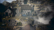 A pixel-art fantasy village scene with stone buildings, stairs, characters standing outside a central inn-like structure, and misty atmospheric background.