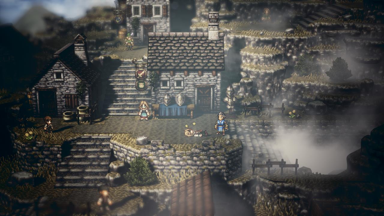 A pixel-art fantasy village scene with stone buildings, stairs, characters standing outside a central inn-like structure, and misty atmospheric background.