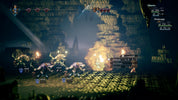 A screenshot from a dark fantasy video game showing a group of characters in a cave-like arena, with glowing yellow effects, UI health bars, names, and status text visible.